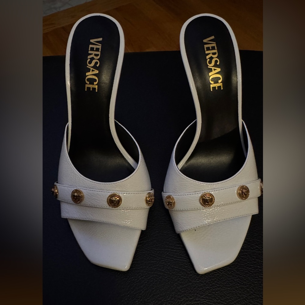 Versace White Mules with Gold Medallions